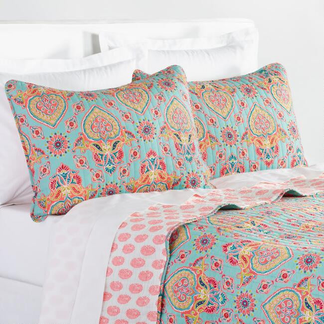 Coral And Aqua Bhuti Priti Reversible Quilt